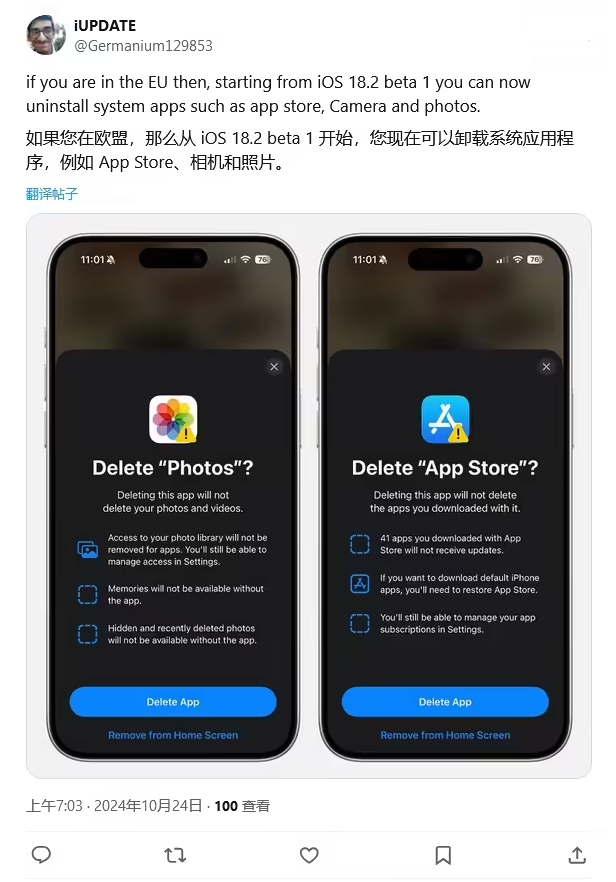 岳麓苹果手机维修分享iOS 18.2 支持删除 App Store 应用商店 